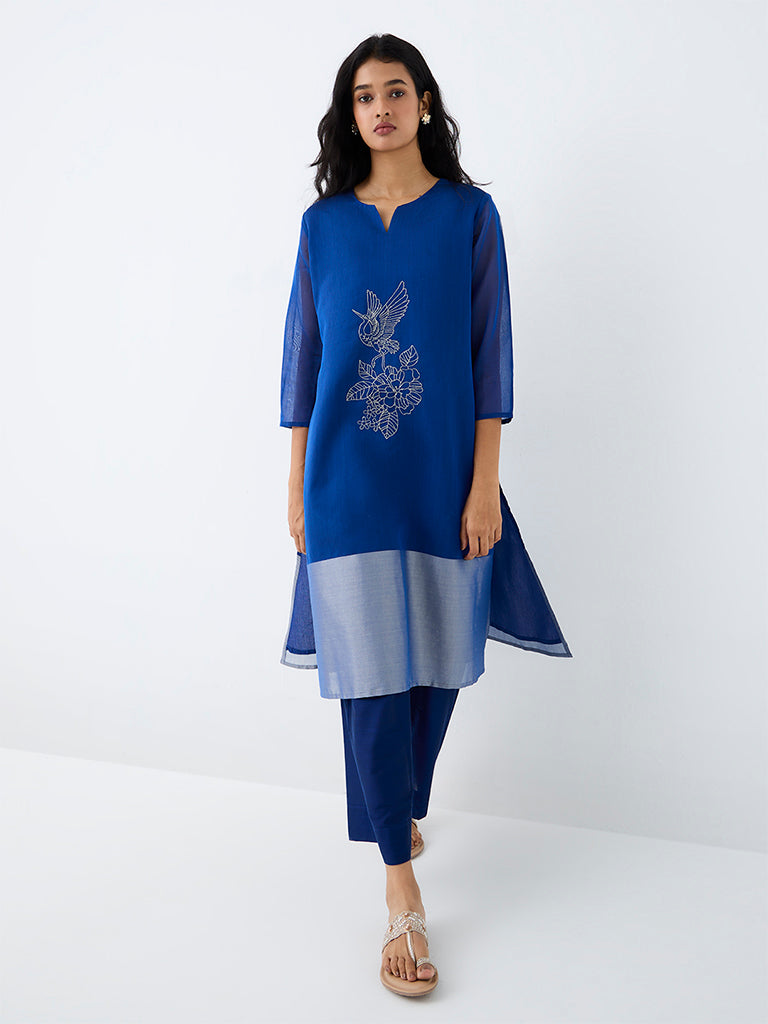 Utsa Blue Nature Embroidered Cotton A-Line Kurta