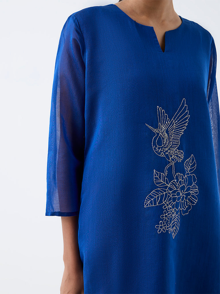 Utsa Blue Nature Embroidered Cotton A-Line Kurta