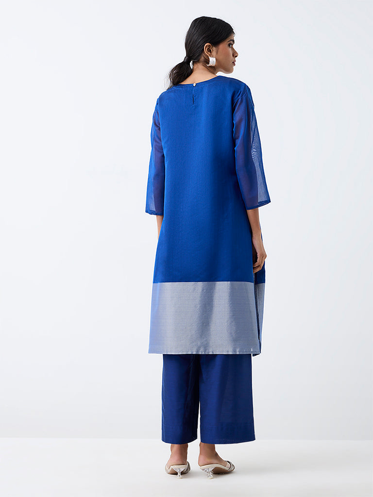 Utsa Blue Nature Embroidered Cotton A-Line Kurta