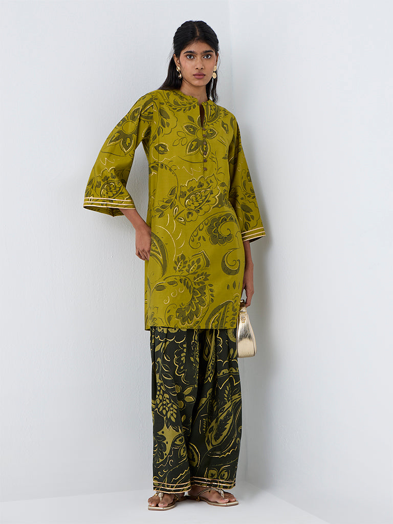 Utsa Lime Botanical Printed A-Line Kurta