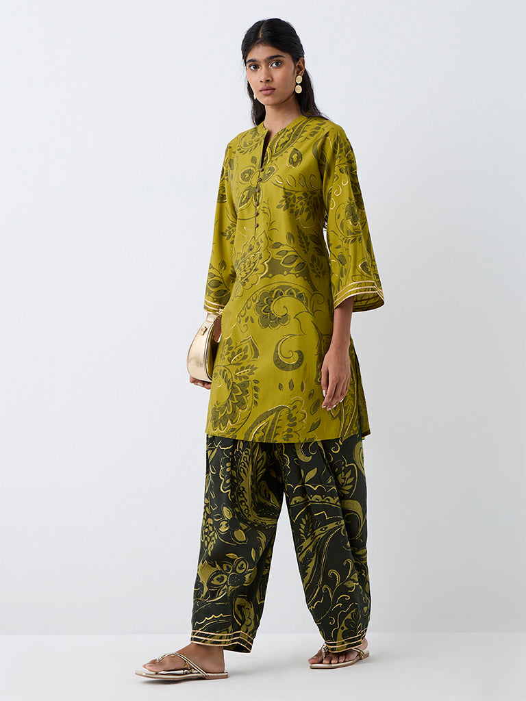 Utsa Lime Botanical Printed A-Line Kurta