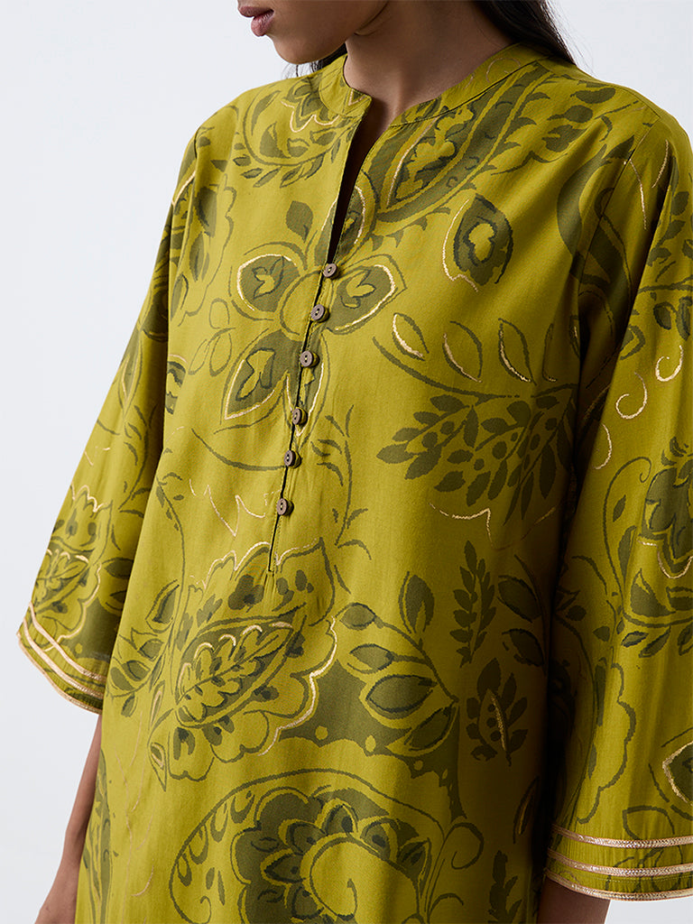 Utsa Lime Botanical Printed A-Line Kurta