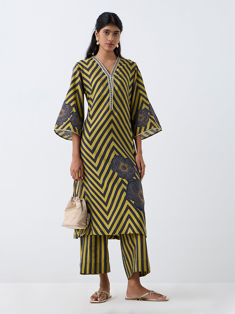 Utsa Lime and Grey Chevron Pattern A-Line Kurta