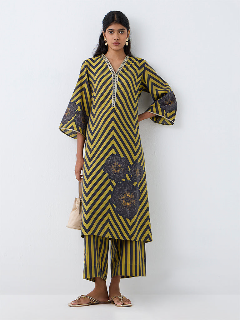 Utsa Lime and Grey Chevron Pattern A-Line Kurta