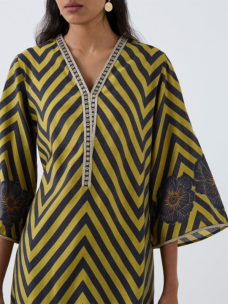 Utsa Lime and Grey Chevron Pattern A-Line Kurta