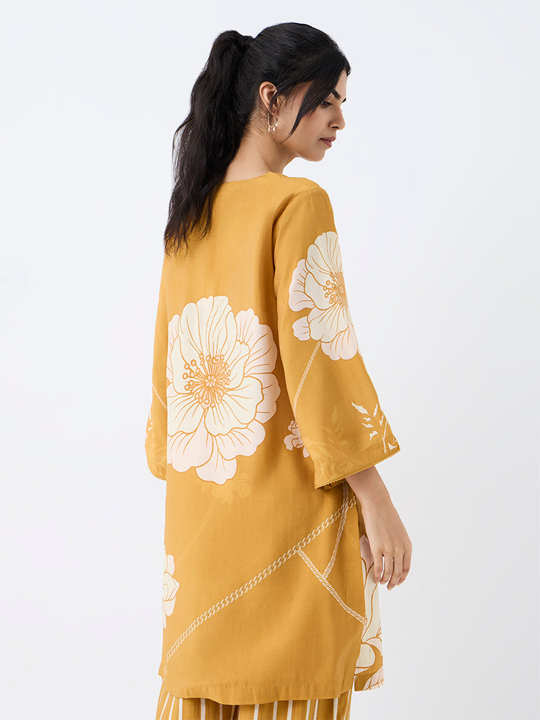 Utsa Mustard Floral Printed Straight Kurta