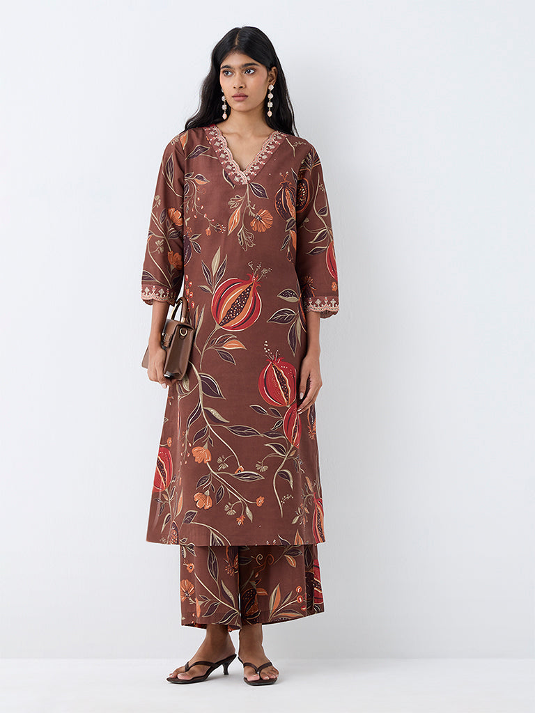Utsa Brown Anar Printed A-Line Kurta