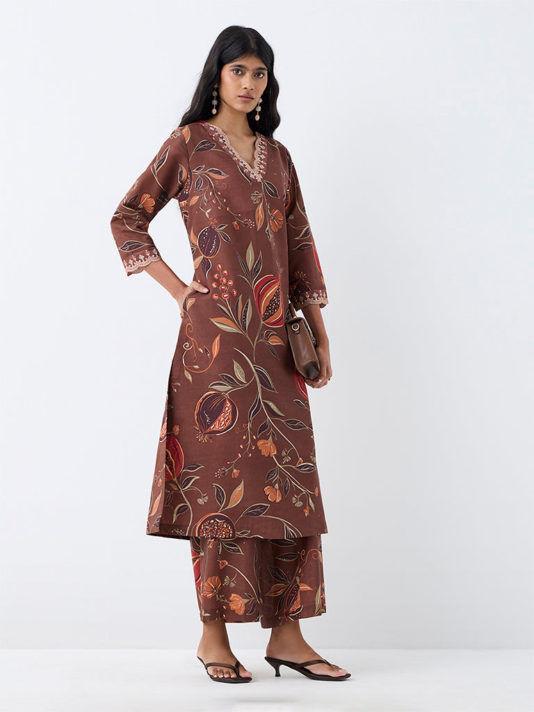 Utsa Brown Anar Printed A-Line Kurta