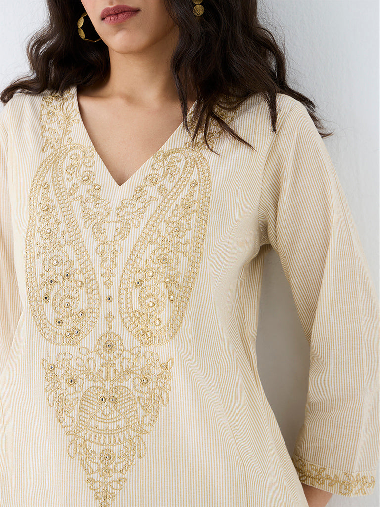 Utsa Cream Paisley Embroidered Cotton A-Line Kurta