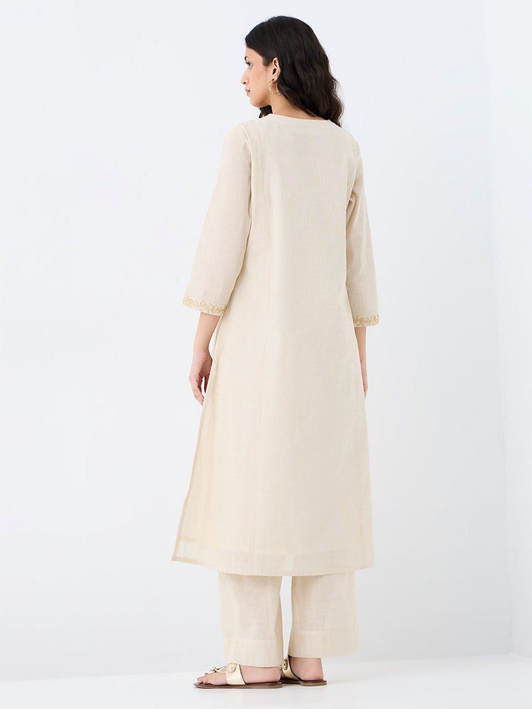 Utsa Cream Paisley Embroidered Cotton A-Line Kurta