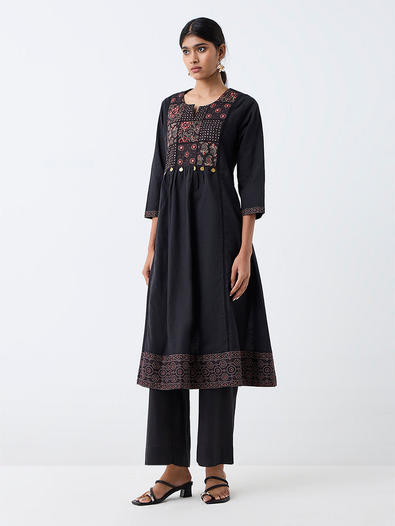 Utsa Black Patchwork Embroidered Cotton Flared Kurta