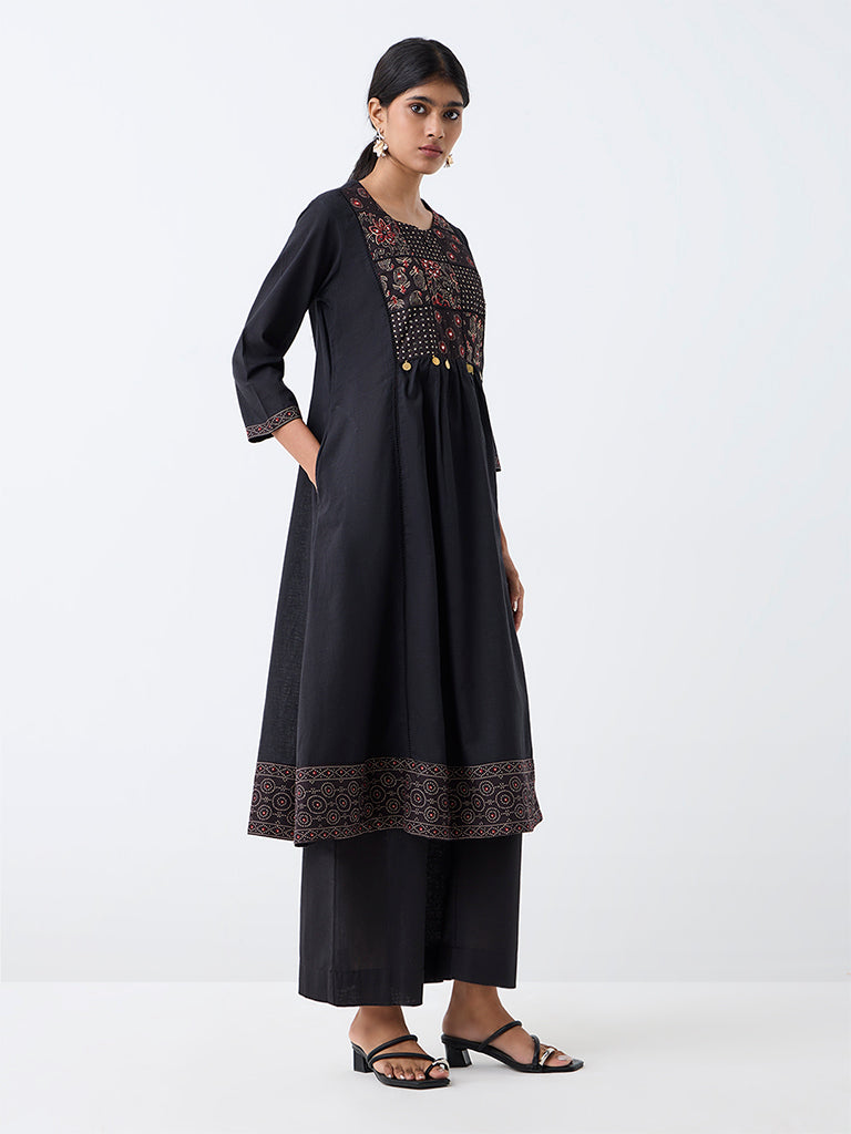 Utsa Black Patchwork Embroidered Cotton Flared Kurta