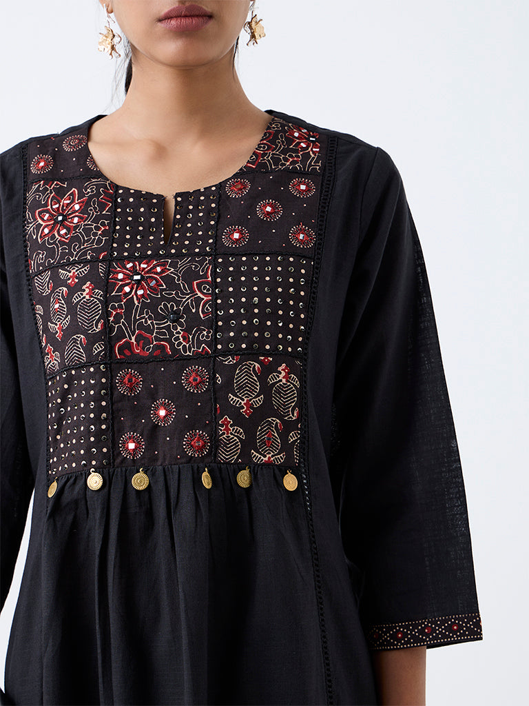 Utsa Black Patchwork Embroidered Cotton Flared Kurta