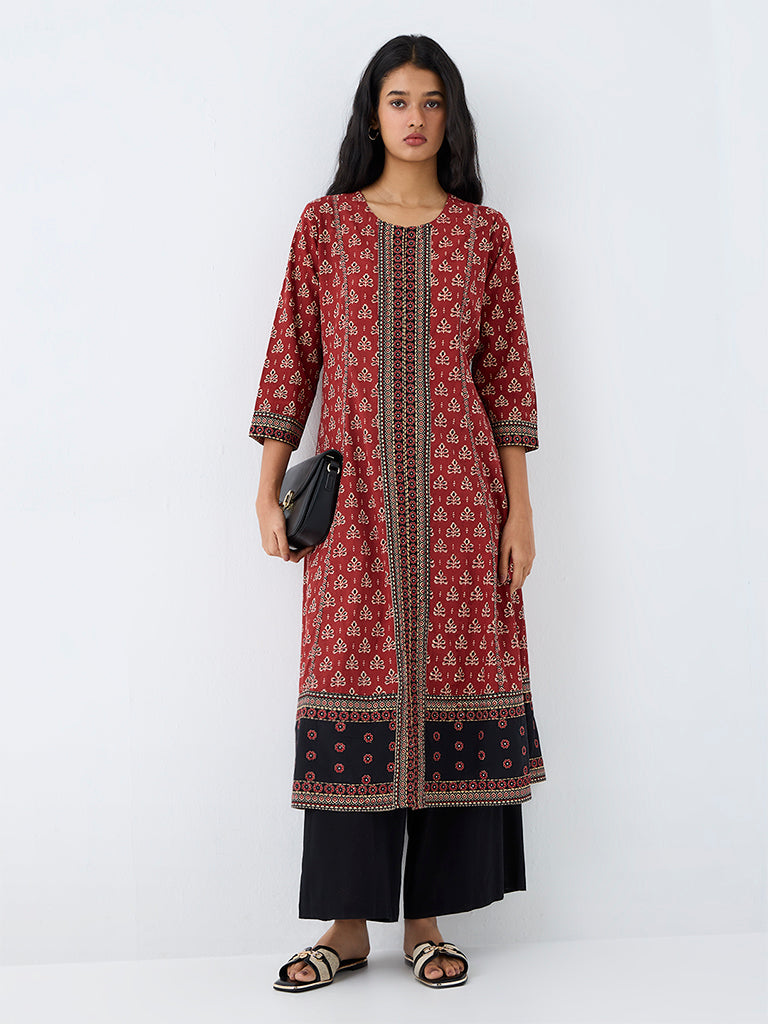 Utsa Red Botanical Printed Cotton A-Line Kurta