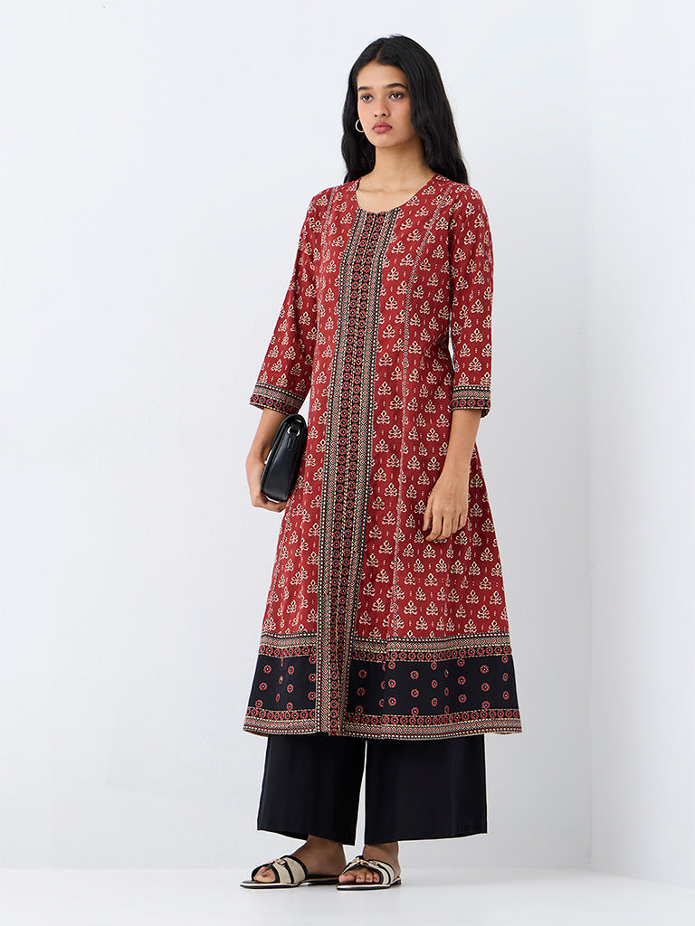 Utsa Red Botanical Printed Cotton A-Line Kurta