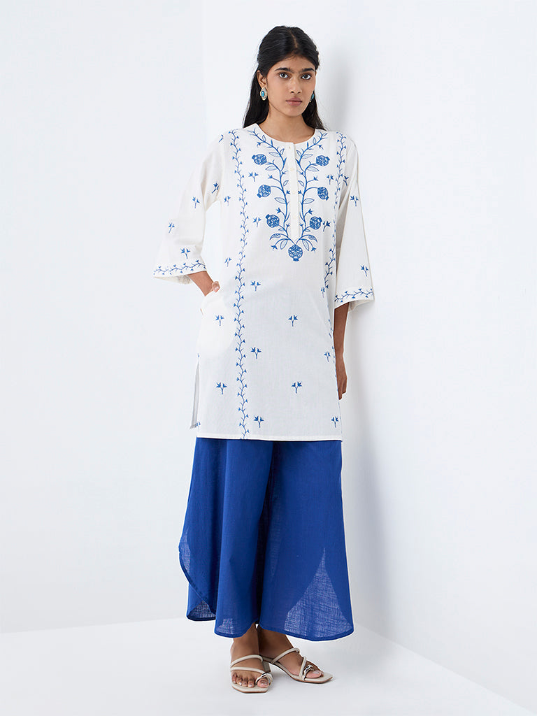 Utsa White Botanical Printed Cotton-Blend A-Line Kurta