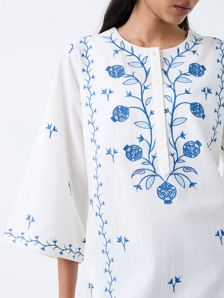 Utsa White Botanical Printed Cotton-Blend A-Line Kurta