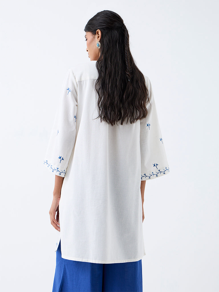 Utsa White Botanical Printed Cotton-Blend A-Line Kurta