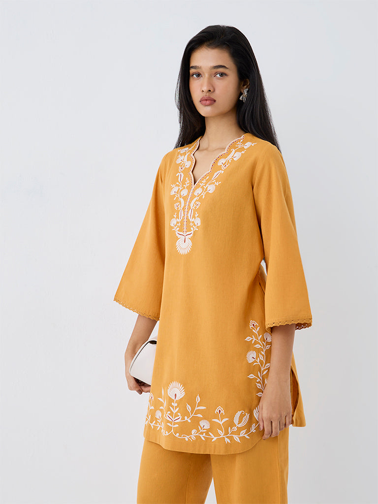 Utsa Orange Floral Embroidered Cotton-Blend A-Line Kurti