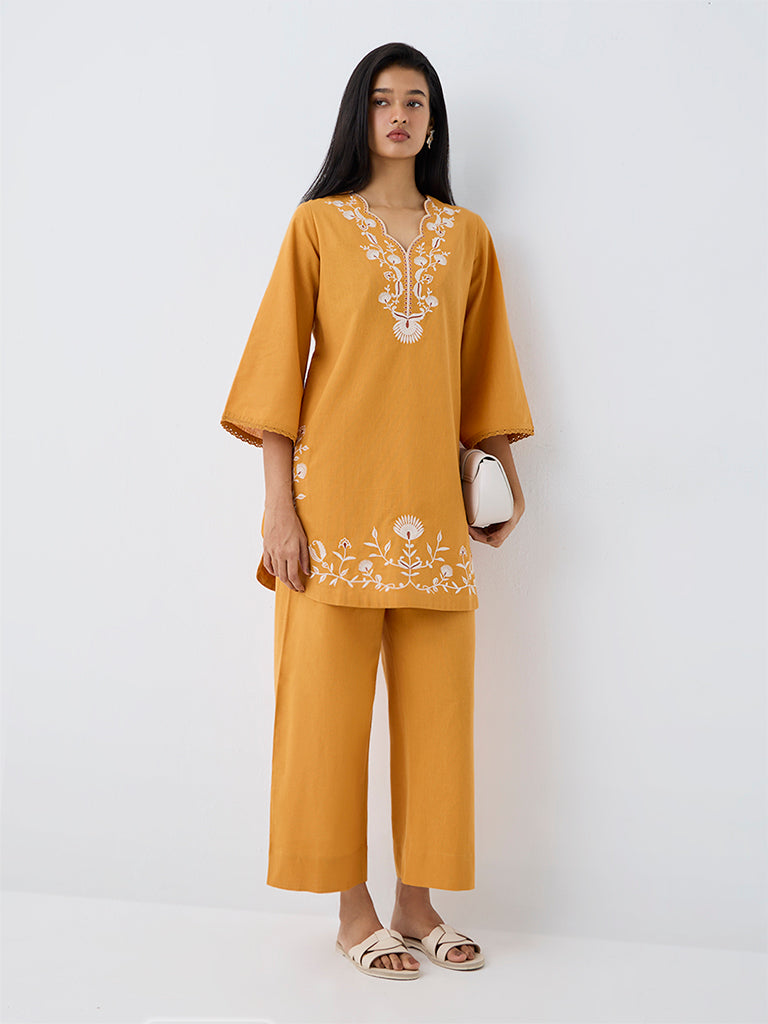 Utsa Orange Floral Embroidered Cotton-Blend A-Line Kurti