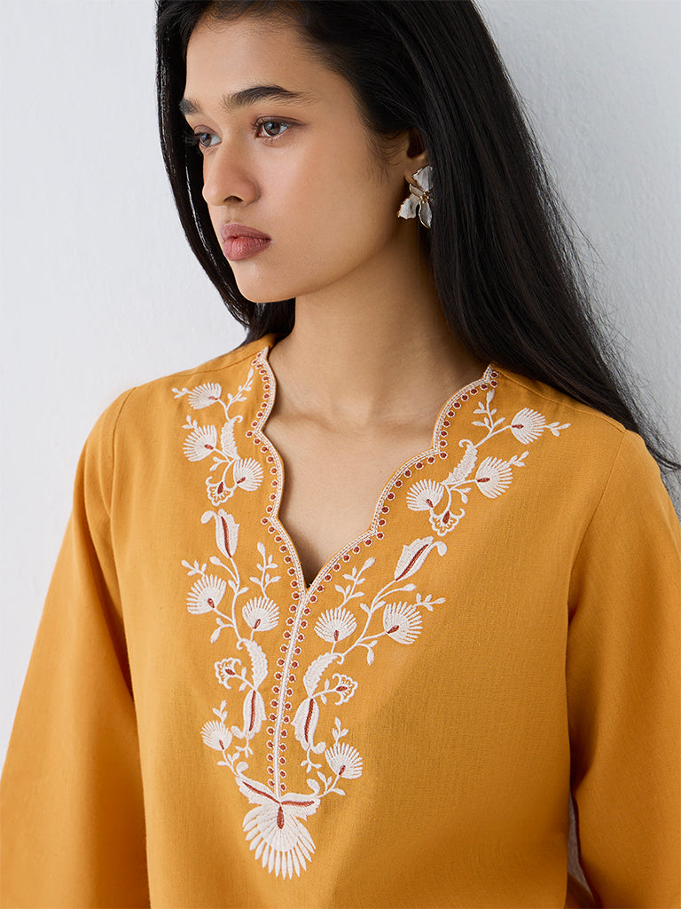 Utsa Orange Floral Embroidered Cotton-Blend A-Line Kurti