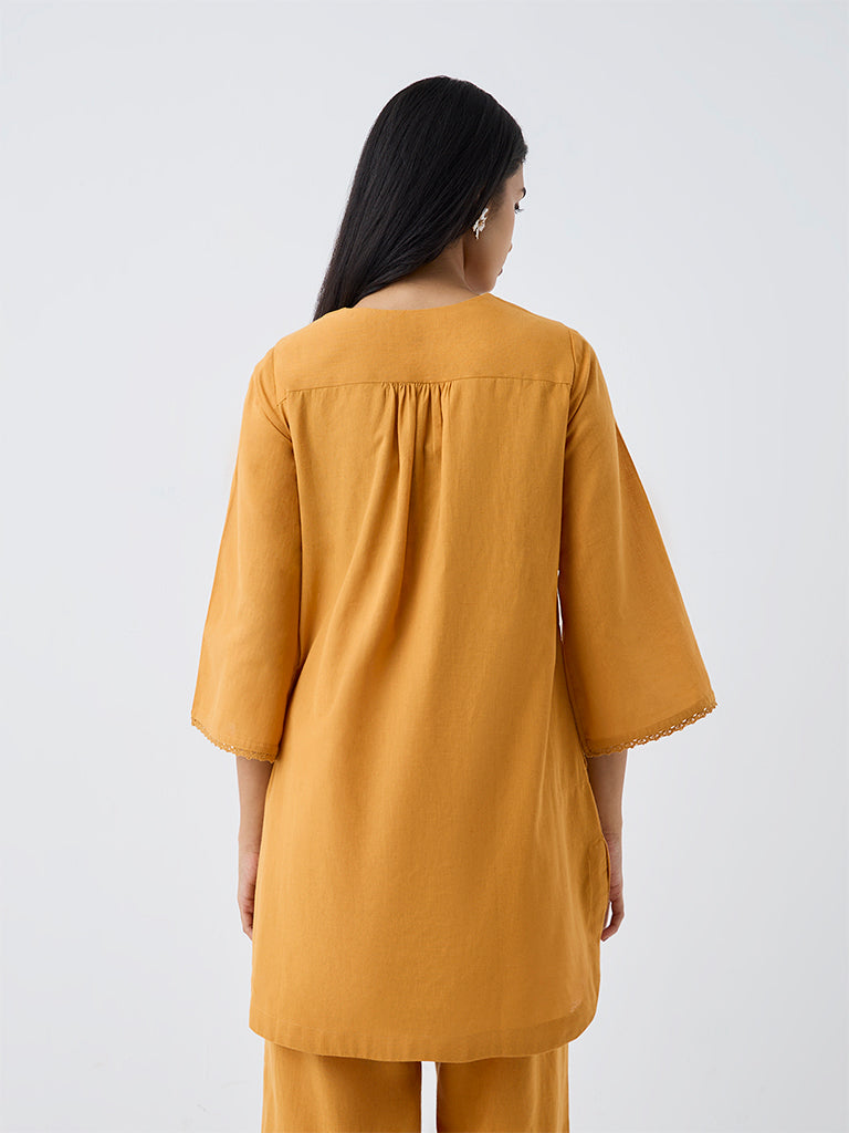 Utsa Orange Floral Embroidered Cotton-Blend A-Line Kurti