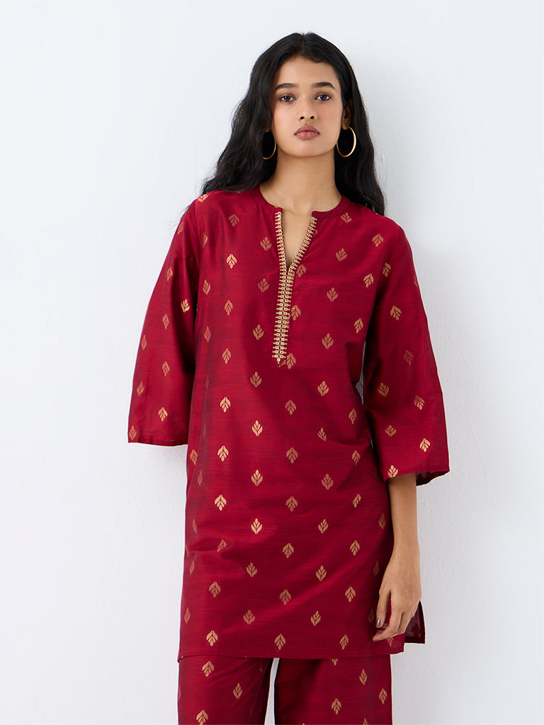 Utsa Red Zari Embroidered A-Line Kurti