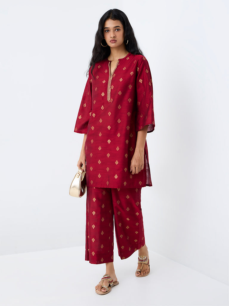 Utsa Red Zari Embroidered A-Line Kurti