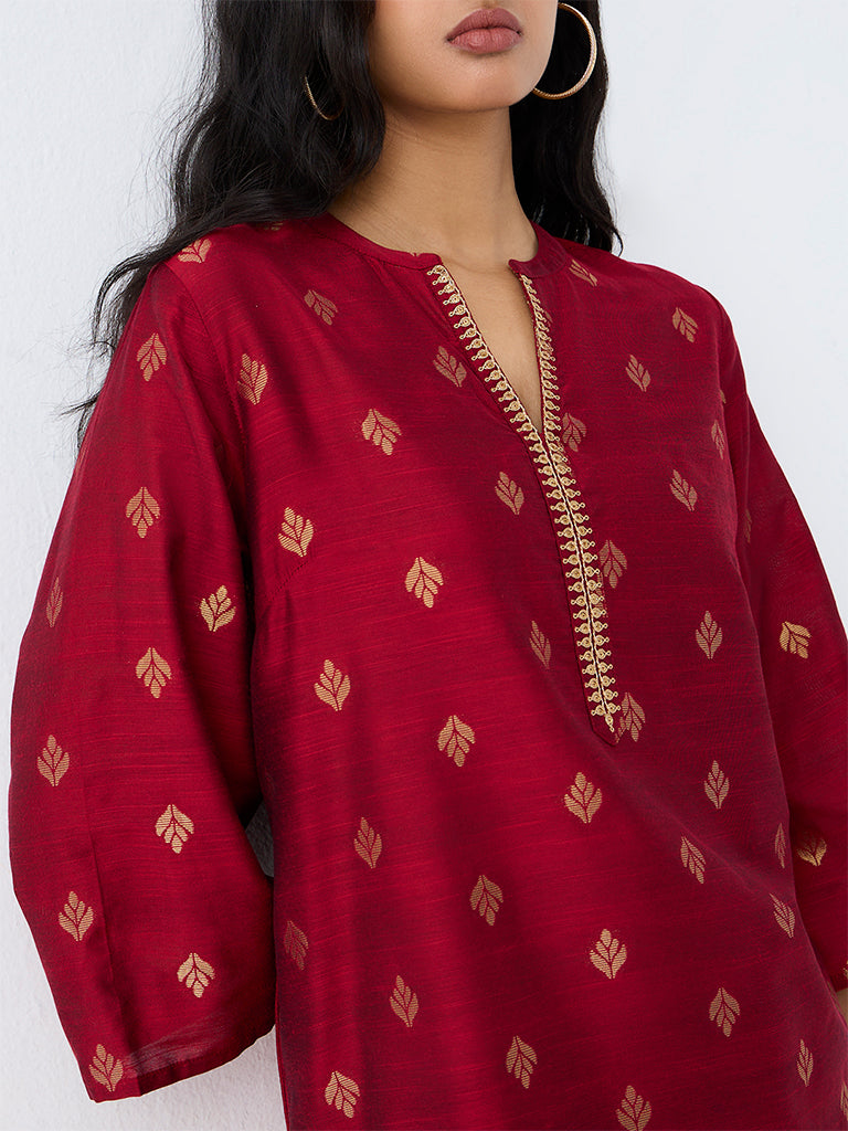 Utsa Red Zari Embroidered A-Line Kurti