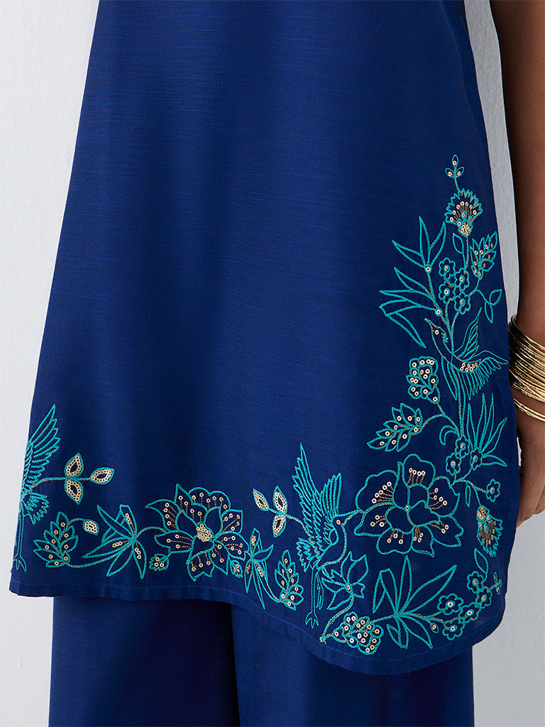 Utsa Blue Foliage Embroidered Straight Kurta
