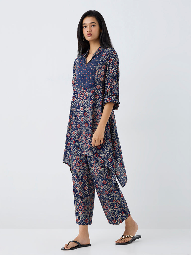 Utsa Indigo Ajrakh-Inspired High-Low Kurta