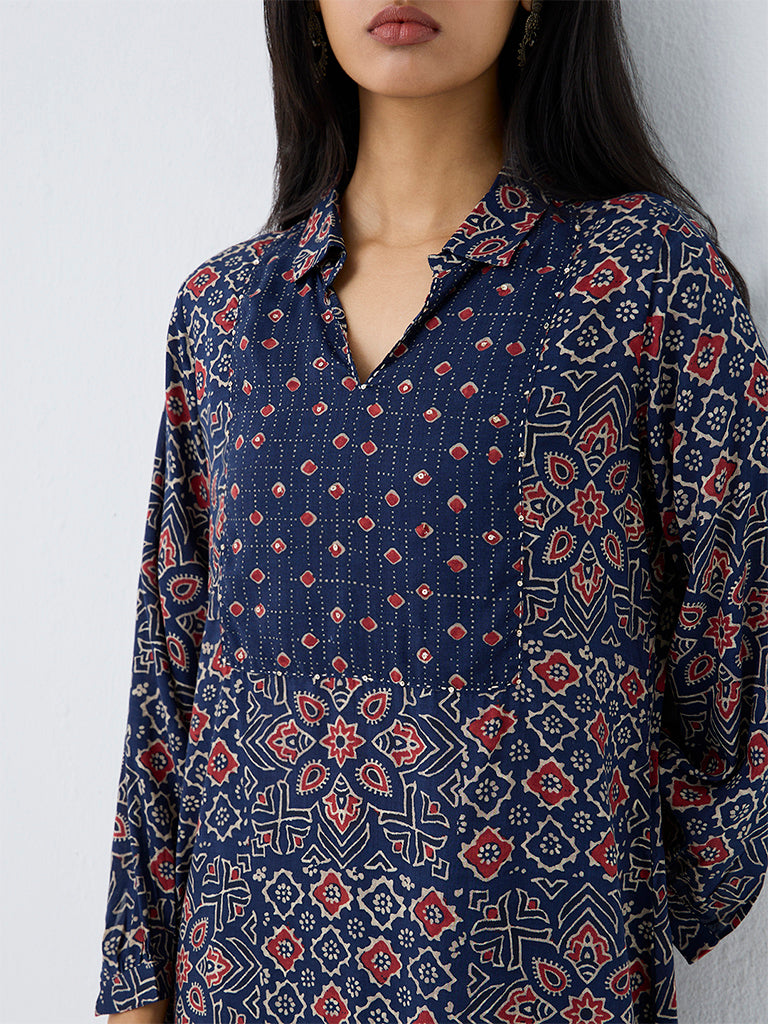 Utsa Indigo Ajrakh-Inspired High-Low Kurta