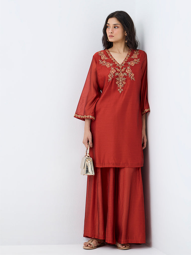 Utsa Orange Floral Embroidered Straight Kurta