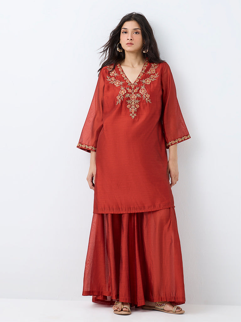 Utsa Orange Floral Embroidered Straight Kurta