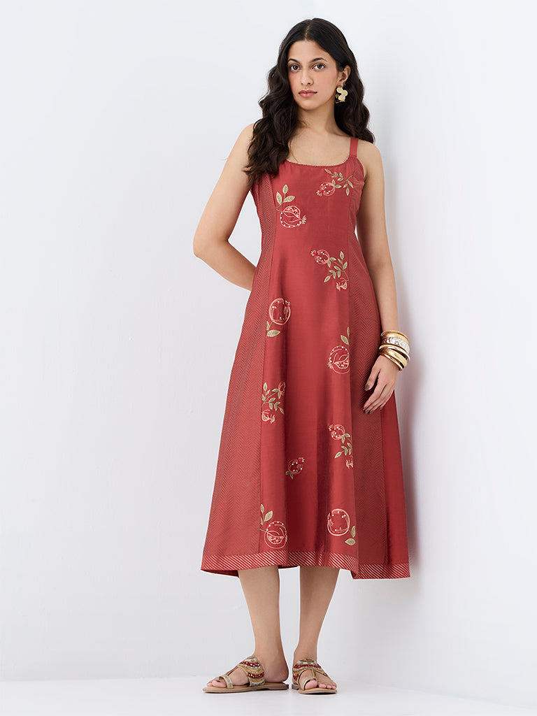 Utsa Rust Anar Embroidered A-Line Dress