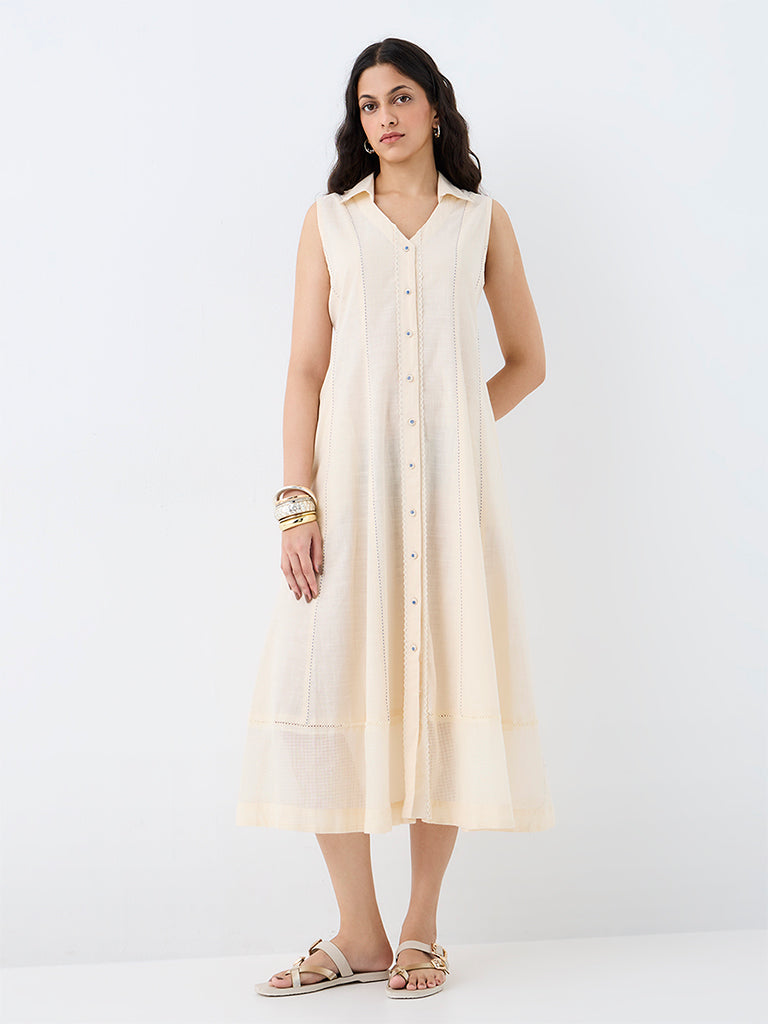 Utsa Off-White Kantha Striped Cotton Shirt Dress