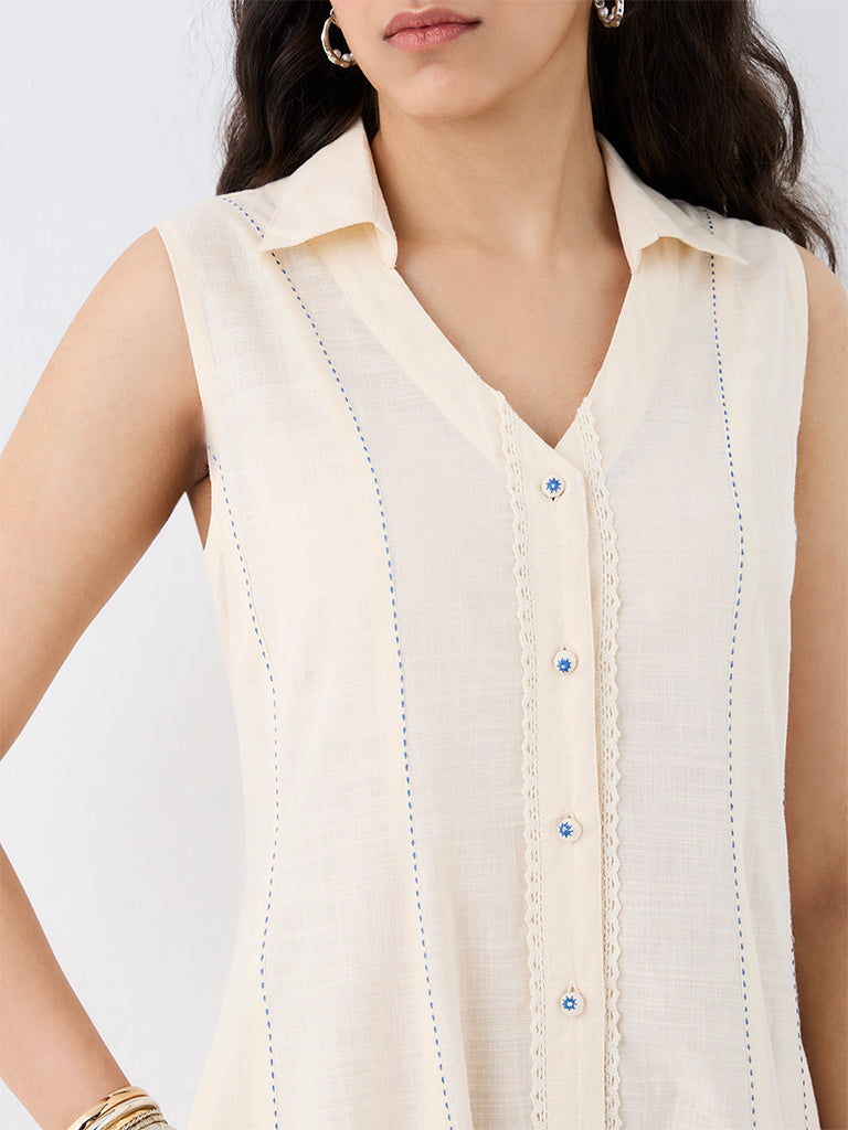 Utsa Off-White Kantha Striped Cotton Shirt Dress