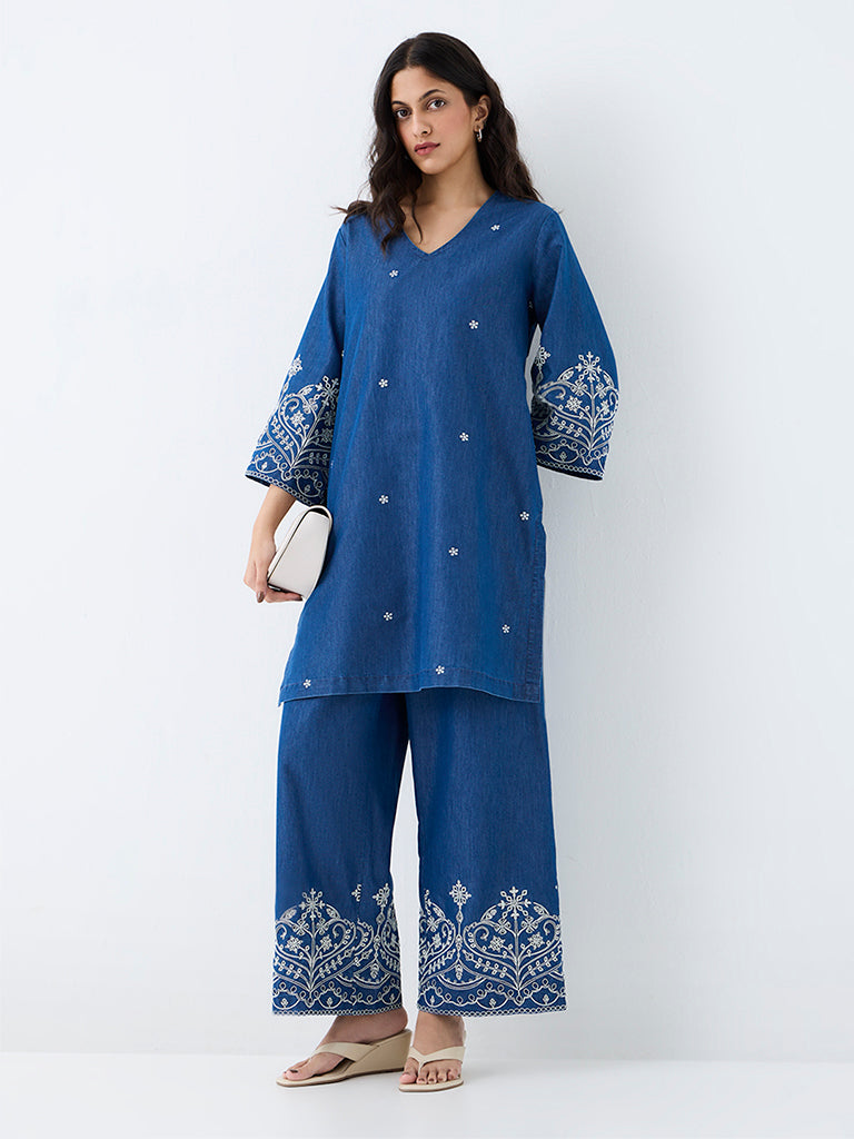 Utsa Blue Embroidered A-Line Denim Kurta