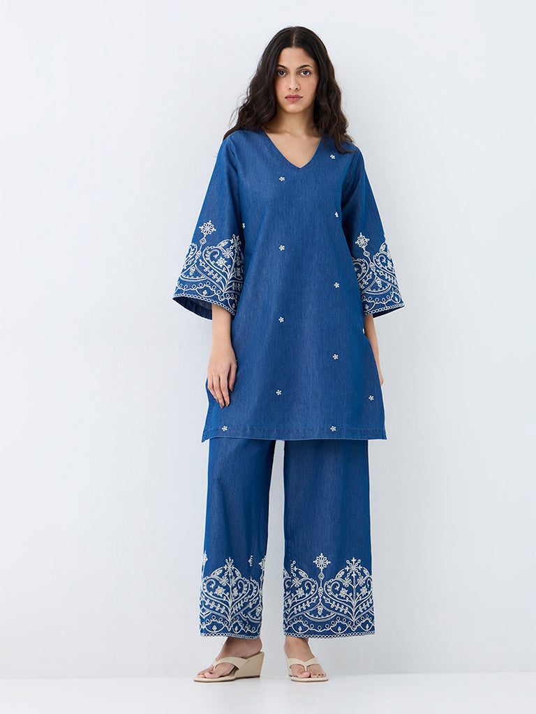 Utsa Blue Embroidered A-Line Denim Kurta
