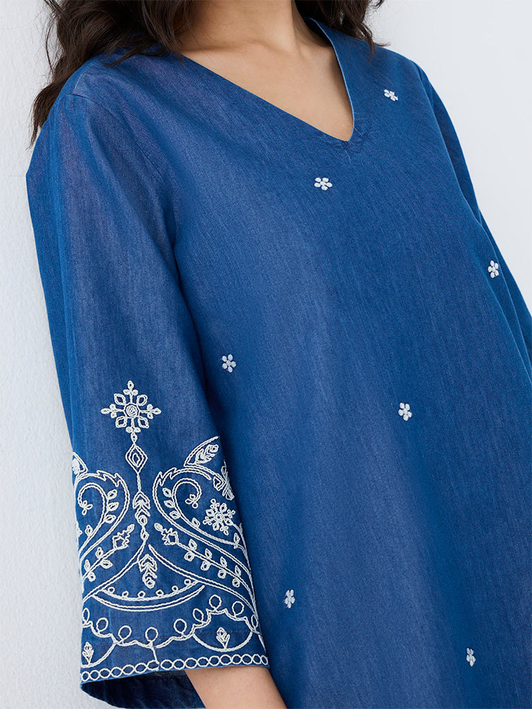 Utsa Blue Embroidered A-Line Denim Kurta