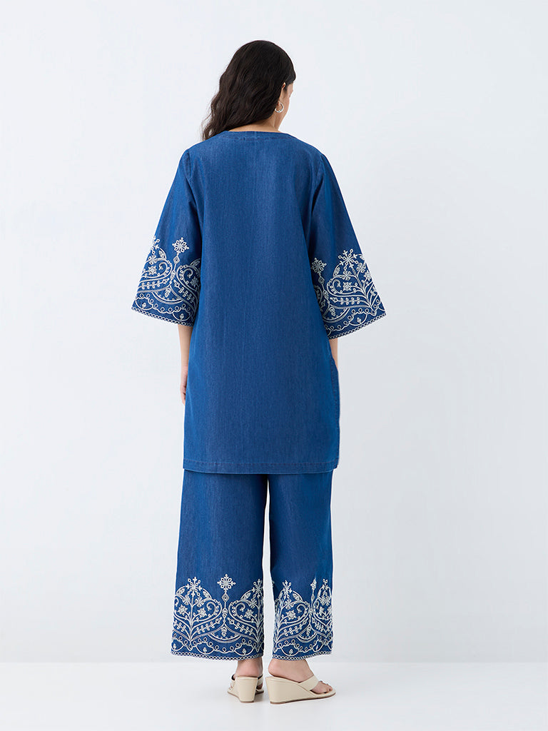 Utsa Blue Embroidered A-Line Denim Kurta