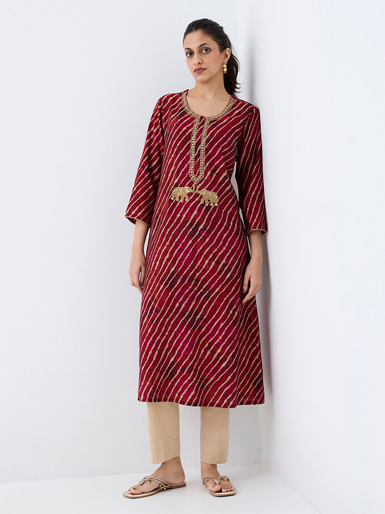 Utsa Red Printed A-Line Kurta