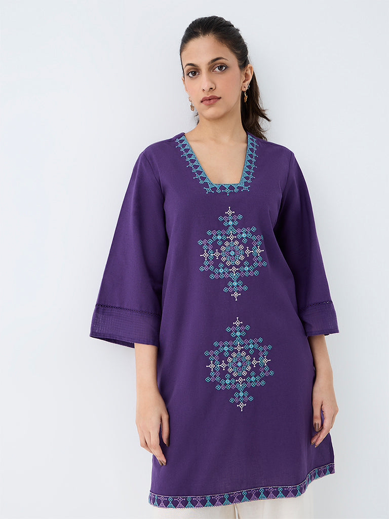 Utsa Purple Embroidered Cotton-Blend A-Line Kurta