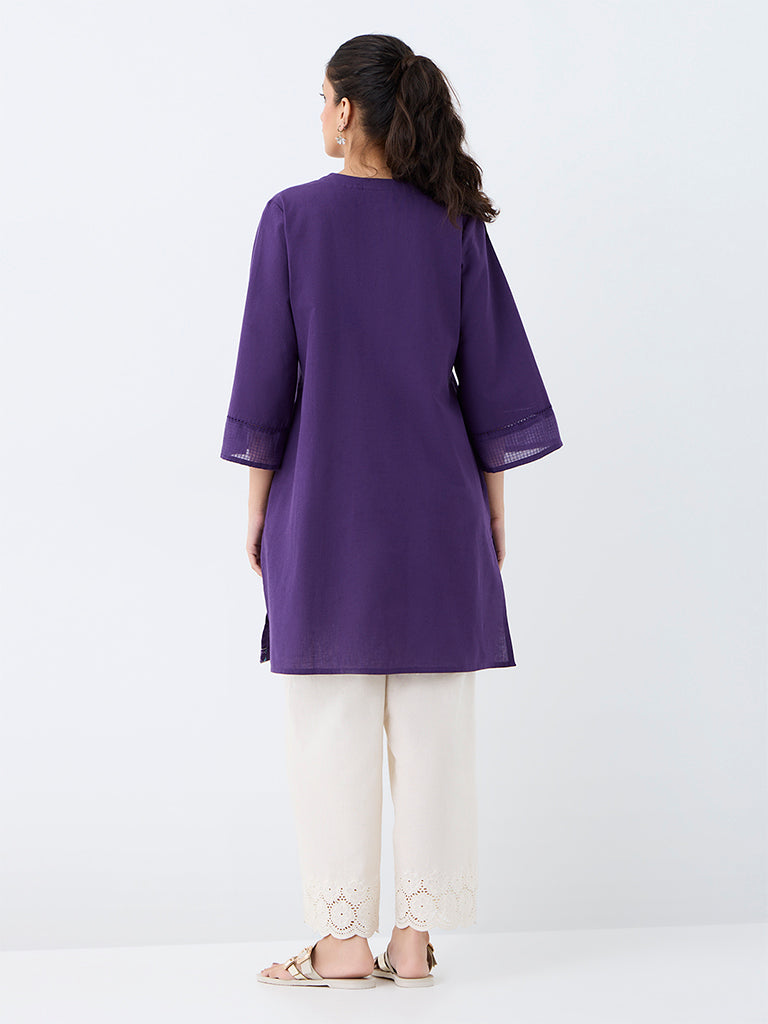 Utsa Purple Embroidered Cotton-Blend A-Line Kurta