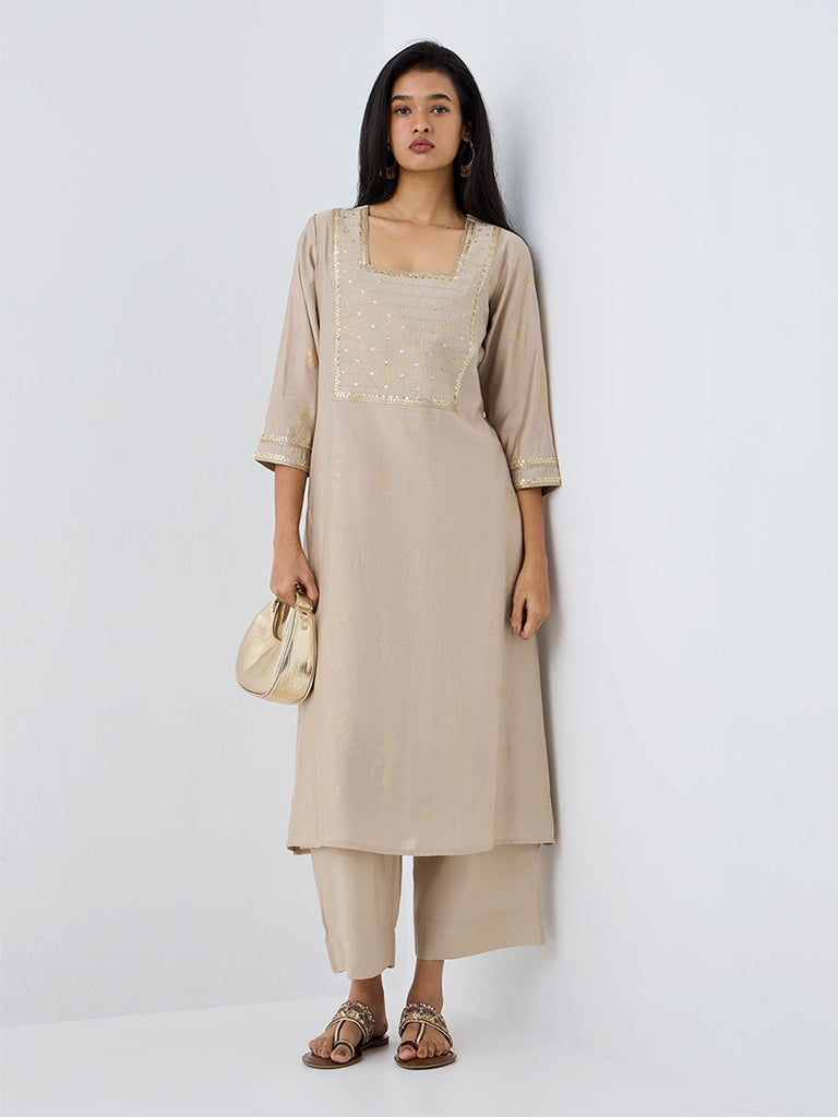 Utsa Taupe Sequin Embellished A-Line Kurta