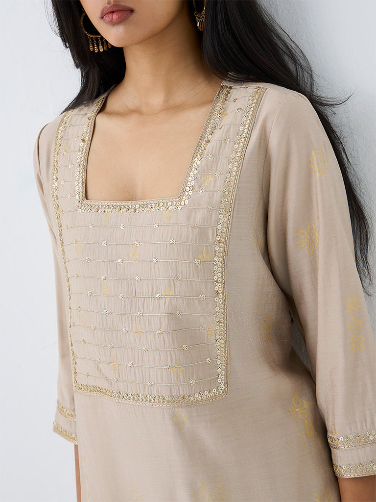 Utsa Taupe Sequin Embellished A-Line Kurta