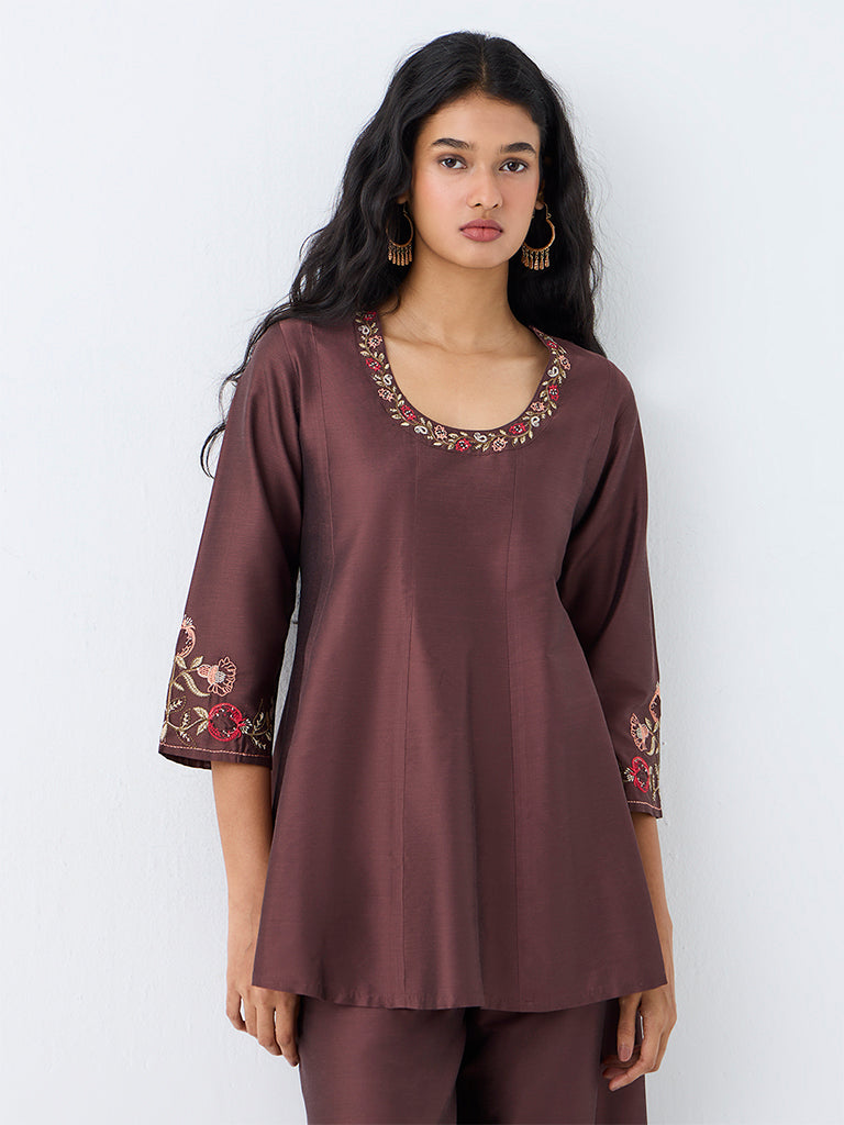 Utsa Brown Floral Embroidered Kurti