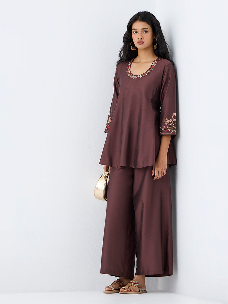 Utsa Brown Floral Embroidered Kurti