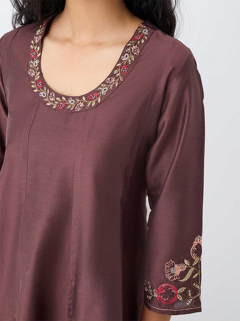 Utsa Brown Floral Embroidered Kurti