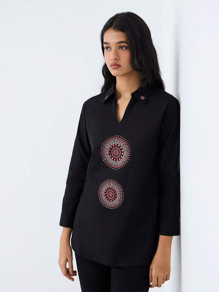 Utsa Black Embroidered Cotton-Blend Tunic